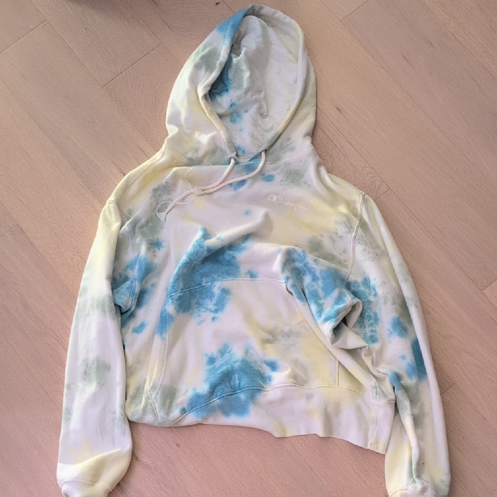 Champion Hoodie - Blue and Yellow Tie-Dye